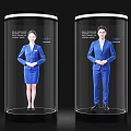 DP Device Transparent Cylinder Design With Male Female Blue Professional Attire Figures And Black Base