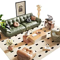 Stylish Green Leather Sofa and Coffee Table Set with Accent Chairs Artwork and Floor Lamp