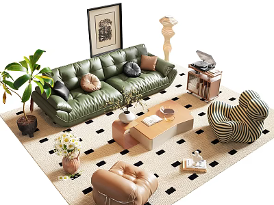 Stylish Green Leather Sofa and Coffee Table Set with Accent Chairs Artwork and Floor Lamp 3d model