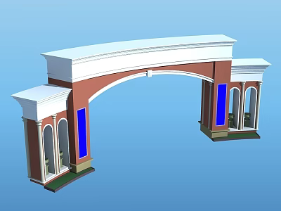 Arched Entrance Gate With Red And White Exterior Blue Accents Side Columns And Arched Windows 3d model
