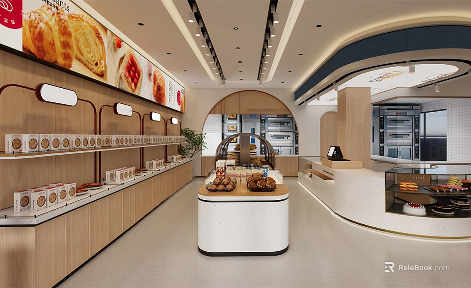 Modern Dessert Shop Interior With Display Shelves And Fresh Pastries Counter 3d model 