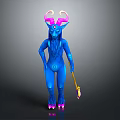 Game Movie Character With Blue Body Pink Horns Long Hair Hooves And Holding Staff