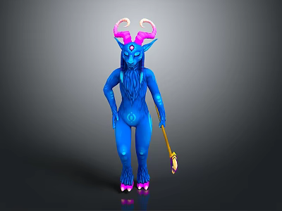 Game Movie Character With Blue Body Pink Horns Long Hair Hooves And Holding Staff 3d model