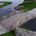 Scenic Landscape Bridge Over Pond With Trees Green Grass And Stone Path 3d model