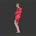 Woman Wearing Red Long Sleeve Robe Adjusting Clothing On Gray Background