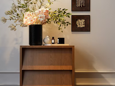 Wooden Bedside Table Featuring Black Vase Pink White Flowers Green Leaves and Decorative Wall Frames 3d model