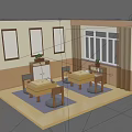 Cartoon Scene of Cozy Room with Wooden Tables Floor Cushions Wall Paintings and Window