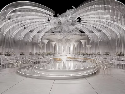 Elegant White Banquet Hall Interior With Arched Ceiling Chandeliers Round Stage And Dining Tables 3d model