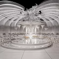 Elegant White Banquet Hall Interior With Arched Ceiling Chandeliers Round Stage And Dining Tables