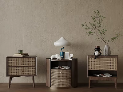 Wooden Bedside Tables with Rattan Drawers Featuring Lamp Photo Frame Vase Clock and Books 3d model
