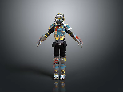 Mechanical Robot Armor With Colorful Components Helmet Arm Leg Parts Standing Pose Gray Background 3d model