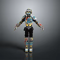Mechanical Robot Armor With Colorful Components Helmet Arm Leg Parts Standing Pose Gray Background