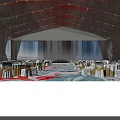 Elegant Banquet Hall Interior With Red Ceiling Lights White Chairs And Colorful Patterned Carpet
