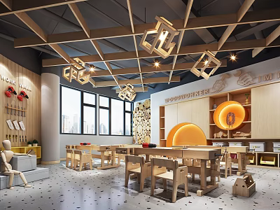Cheerful Kindergarten Interior With Wooden Ceiling Hanging Lights Windows Colorful Wall Decorations And Kids Tables 3d model