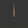 Ancient Decorative Long Handled Weapon With Red And Metallic Pointed Tip Design