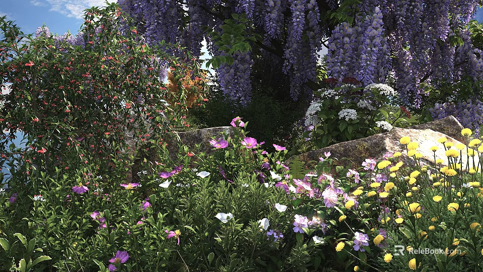 Stunning Garden Flowers With Purple Wisteria Purple White Yellow Blooms And Lush Green Leaves 3d model 