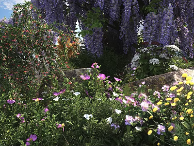 Stunning Garden Flowers With Purple Wisteria Purple White Yellow Blooms And Lush Green Leaves 3d model