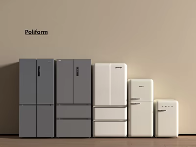 Poliform Refrigerators and Freezers Multiple Designs in Gray and White Arranged Against Wall 3d model