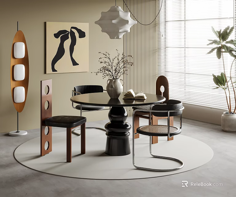 Elegant Dining Set With Round Table Black Leather Chairs Artwork And Modern Pendant Light 3d model 