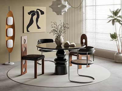 Elegant Dining Set With Round Table Black Leather Chairs Artwork And Modern Pendant Light 3d model