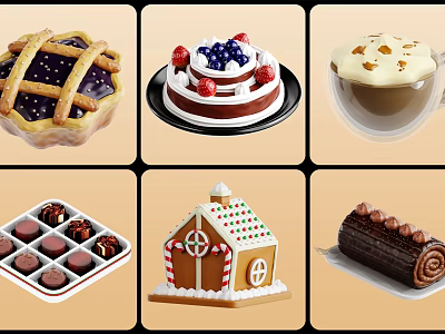 Assorted Delicious Desserts Including Pie Fruit Cake Chocolate Roll And Gingerbread House 3d model