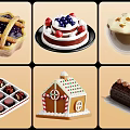 Assorted Delicious Desserts Including Pie Fruit Cake Chocolate Roll And Gingerbread House