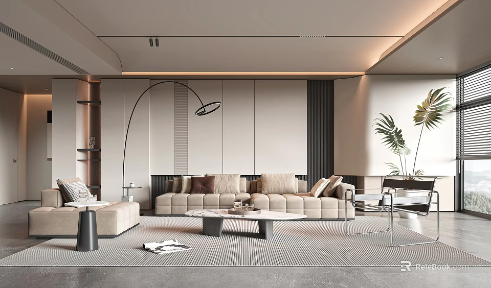 Modern Minimalist Living Room With Beige Sofa Green Plant And Coffee Table 3d model 