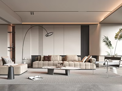Modern Minimalist Living Room With Beige Sofa Green Plant And Coffee Table 3d model