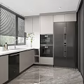 Modern Kitchen Interior With Gray Cabinets Black Refrigerator Marble Floor And Blinds 3d model