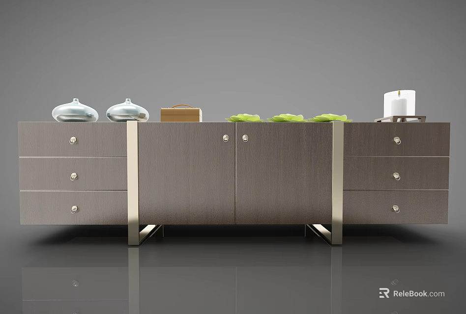 Modern Gray TV Stand With Drawers Cabinets And Decorative Items On Top 3d model 