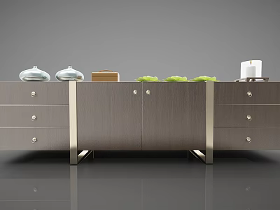 Modern Gray TV Stand With Drawers Cabinets And Decorative Items On Top 3d model