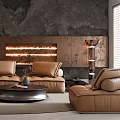 Modern Living Room Interior With Brown Sofa Black Accent Wall Fireplace And Round Ceiling Light