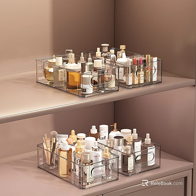 Organized Perfume Cosmetics Display With Clear Acrylic Storage Boxes On Shelves 3d model 