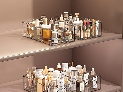 Organized Perfume Cosmetics Display With Clear Acrylic Storage Boxes On Shelves 3d model