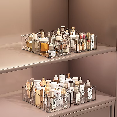 Organized Perfume Cosmetics Display With Clear Acrylic Storage Boxes On Shelves 3d model