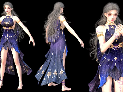 Game And Movie Character With Long Hair In Purple Starry Dress And Golden Accessories 3d model