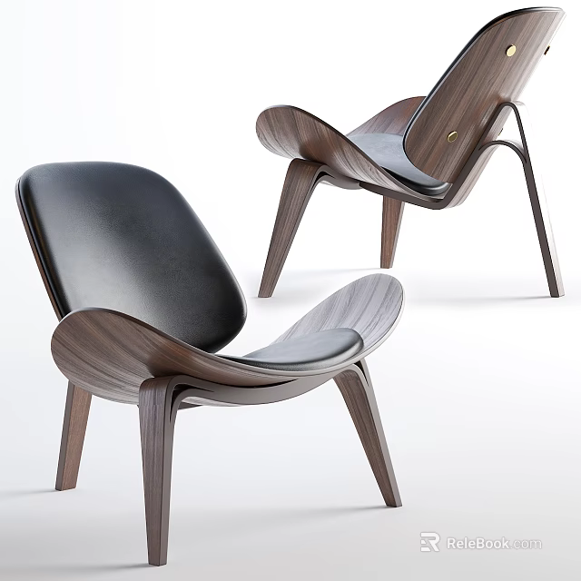 Modern Lounge Chair With Wooden Frame And Black Leather Upholstery Curved Design 3d model 
