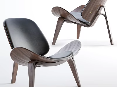 Modern Lounge Chair With Wooden Frame And Black Leather Upholstery Curved Design 3d model