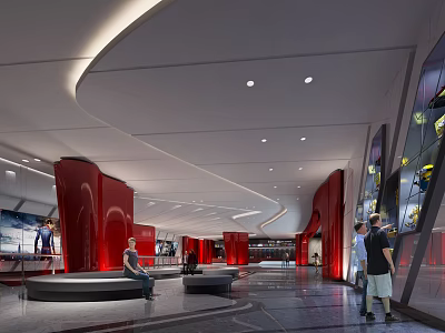 Modern Cinema Interior With Red Pillars Curved Ceiling And Spacious Lobby 3d model