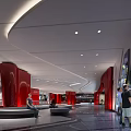 Modern Cinema Interior With Red Pillars Curved Ceiling And Spacious Lobby 3d model