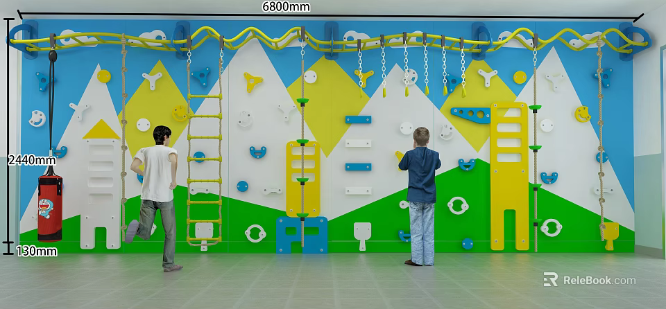 Kindergarten Colorful Climbing Wall With Ladder Rings  And Grips For Kids Play 3d model 