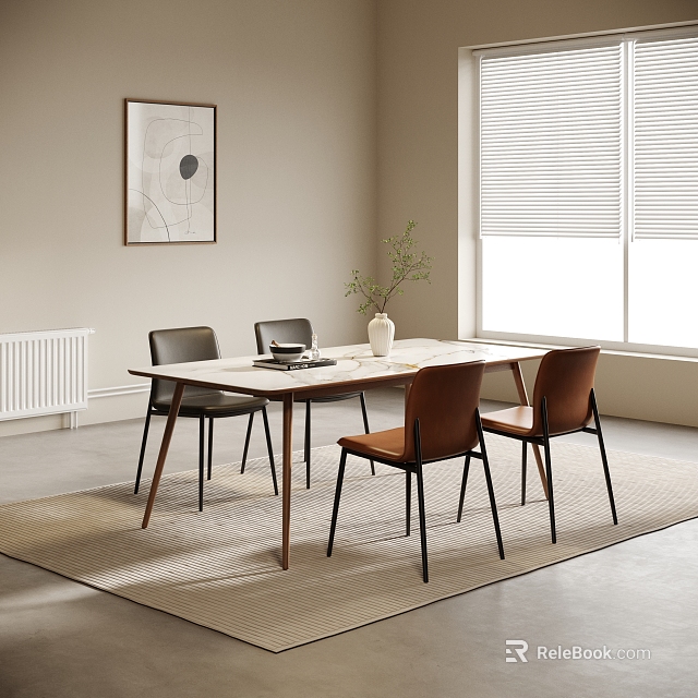 Minimalist Wooden Dining Table Set with Brown Black Chairs Vase Plant and Window Blinds 3d model 