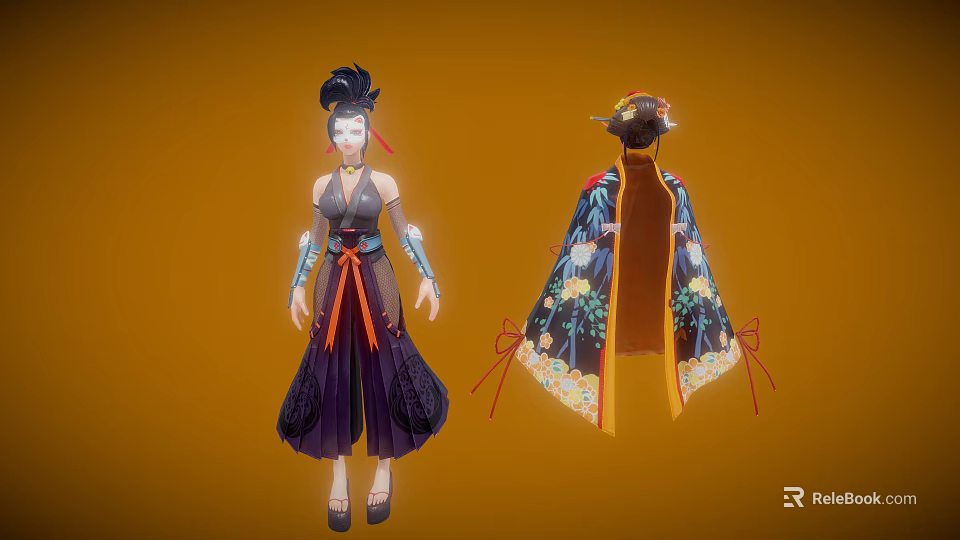 Anime Female Character in Dark Purple Costume with Creature Pattern Cloak and Ornate Hairstyle 3d model 