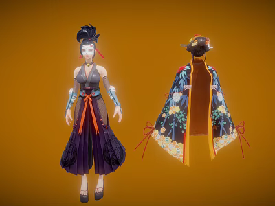 Anime Female Character in Dark Purple Costume with Creature Pattern Cloak and Ornate Hairstyle 3d model