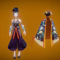 Anime Female Character in Dark Purple Costume with Creature Pattern Cloak and Ornate Hairstyle