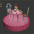 Pink Round Dining Table Set With Two Chairs Desserts And Teacups On Round Platform 3d model