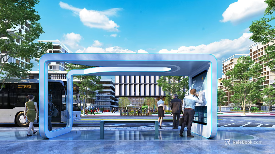 Modern Bus Stop Design With Bench Digital Screen People And Buildings Under Blue Sky 3d model 