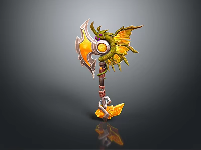 Mythical Dragon Axe With Glowing Orb And Yellow Orange Decorative Blades 3d model