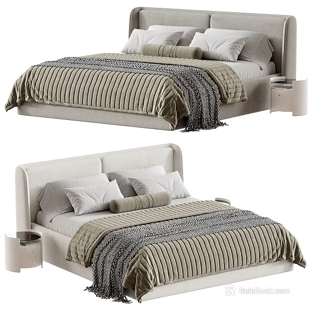 Modern Double Bed With Minimalist Headboard Striped Bedding Pillows And Nightstand 3d model 