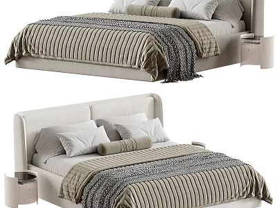 Modern Double Bed With Minimalist Headboard Striped Bedding Pillows And Nightstand 3d model